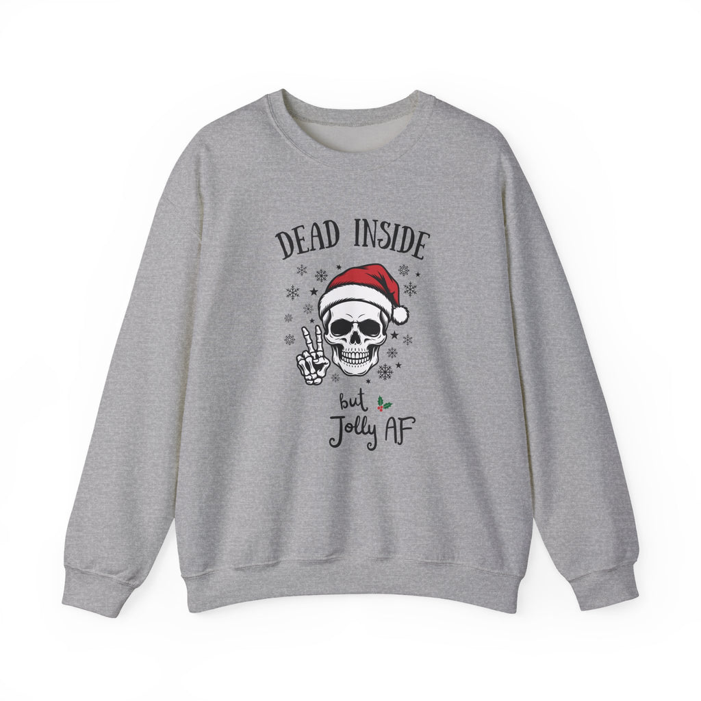 Funny Christmas Sweatshirt says Dead Inside but Jolly skeleton with santa hat
