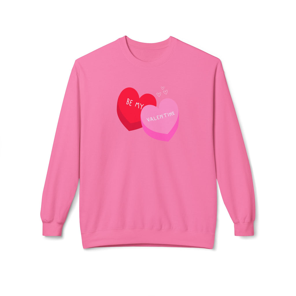 Cute Womens Valentines Day sweatshirt with conversation hearts that says Be My Valentine.