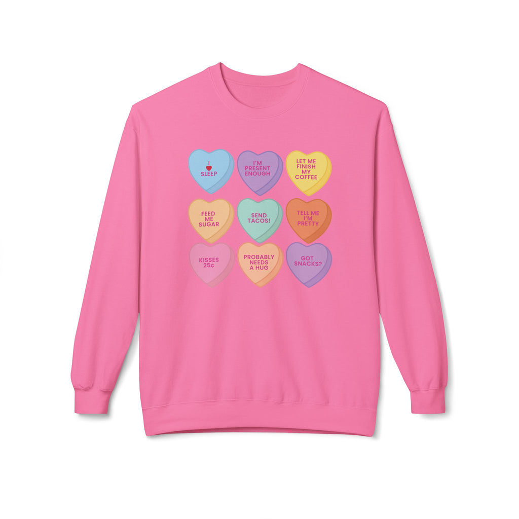 Womens Valentines Day sweatshirt with conversation hearts that say funny things like Got Snacks? And I love sleep