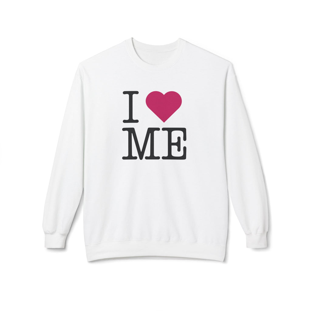 Womens Valentines Day white sweatshirt that says I Love Me with a similar feel to the famous I Love NY tshirt