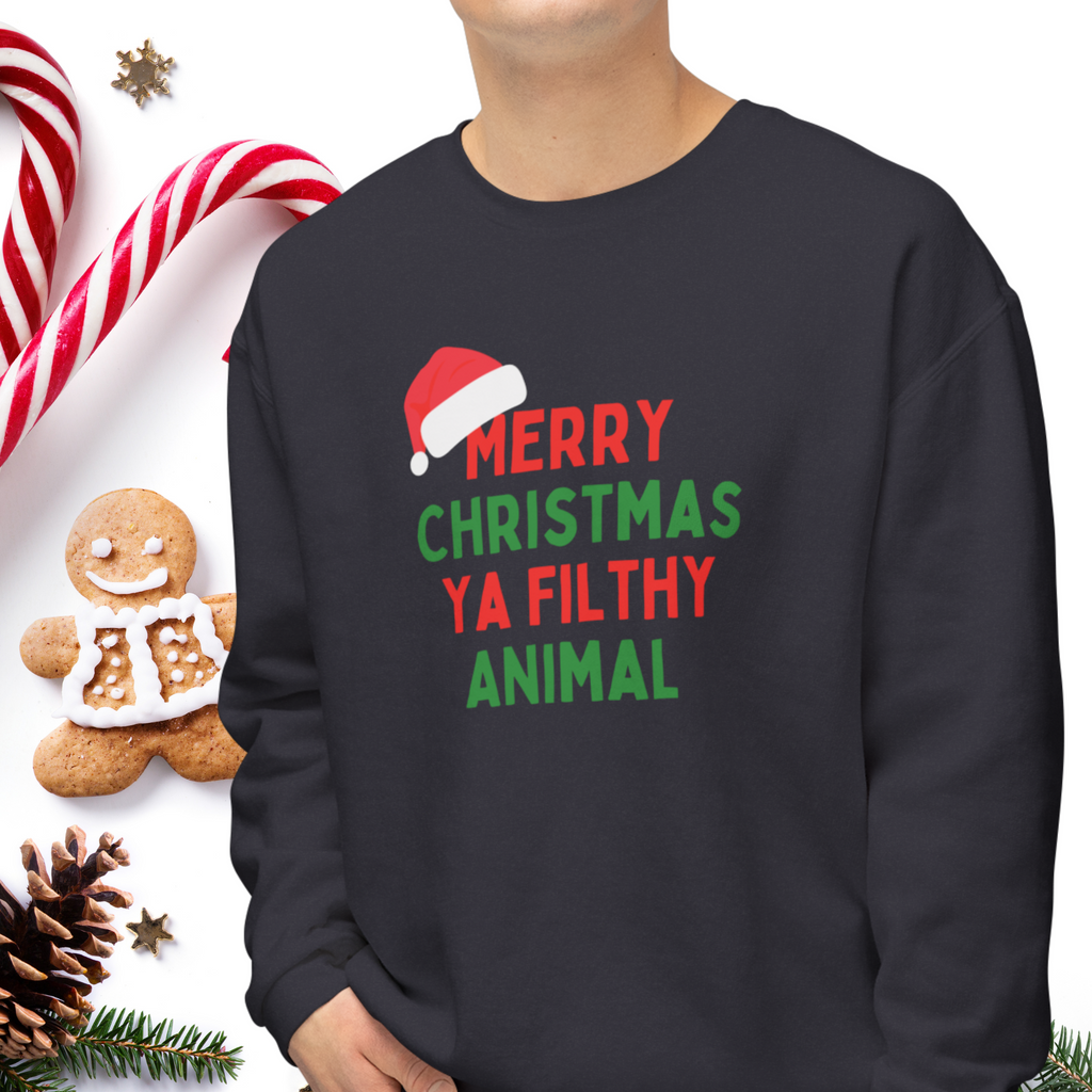 Funny Adult holiday sweatshirt that says Merry Christmas Ya Flithy Animal, a nod to the Home Alone movies.