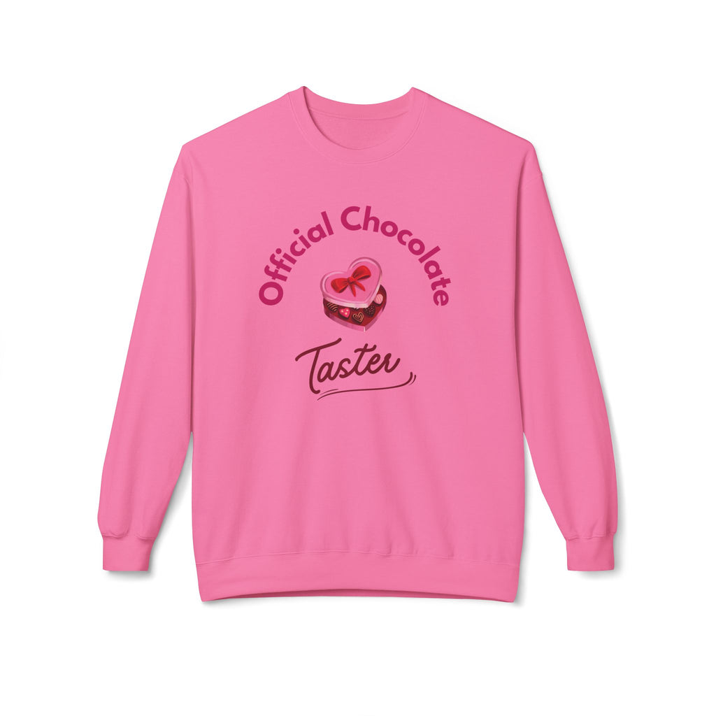 Womens Valentines Day sweatshirt that says Official Chocolate Taster and features a box of Valentines Day chocolates.