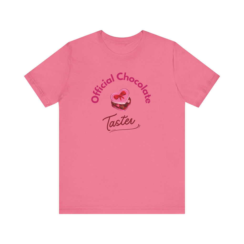 Womens Valentines Day tshirt that says Official Chocolate Taster with a cute box of Valentines chocolates.