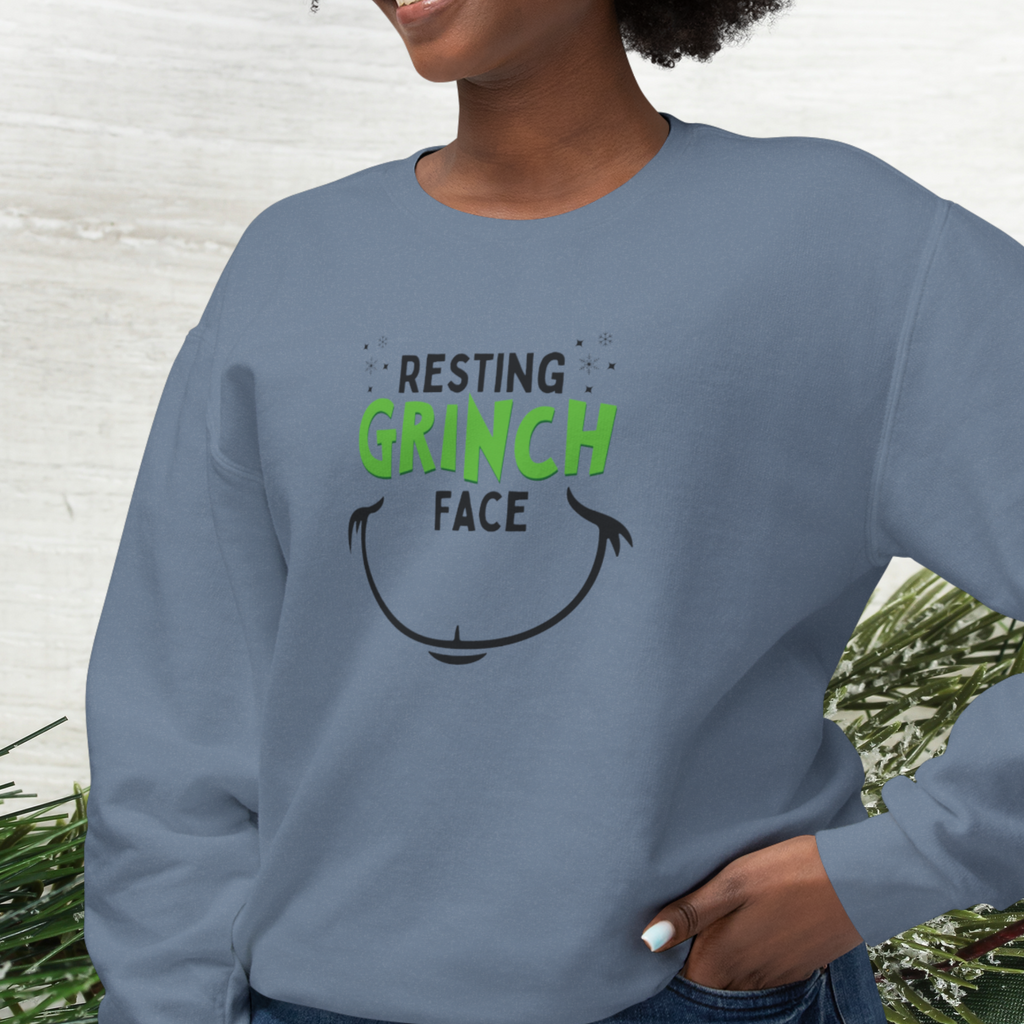 Funny holiday sweatshirt that says Resting Grinch Face