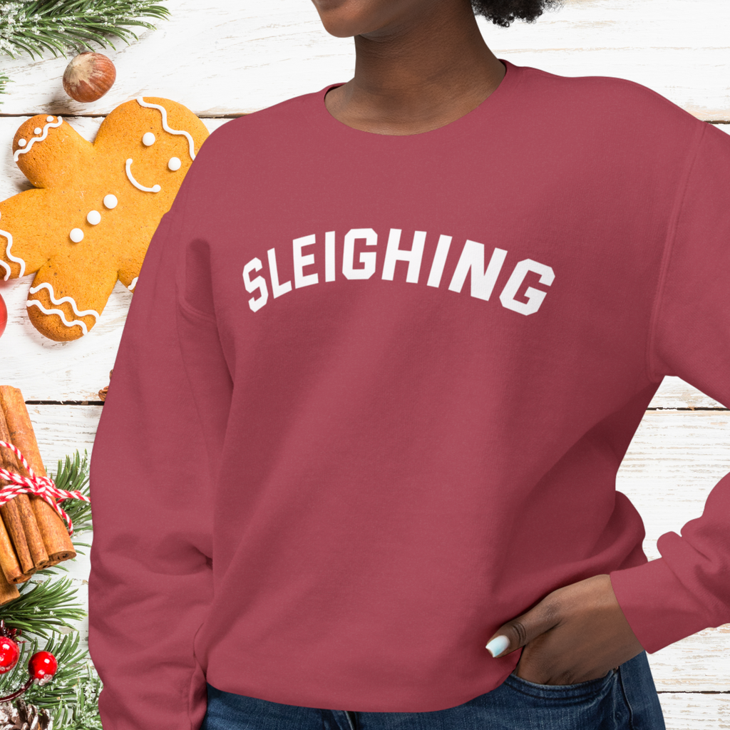 Fun holiday sweatshirt that says Sleighing