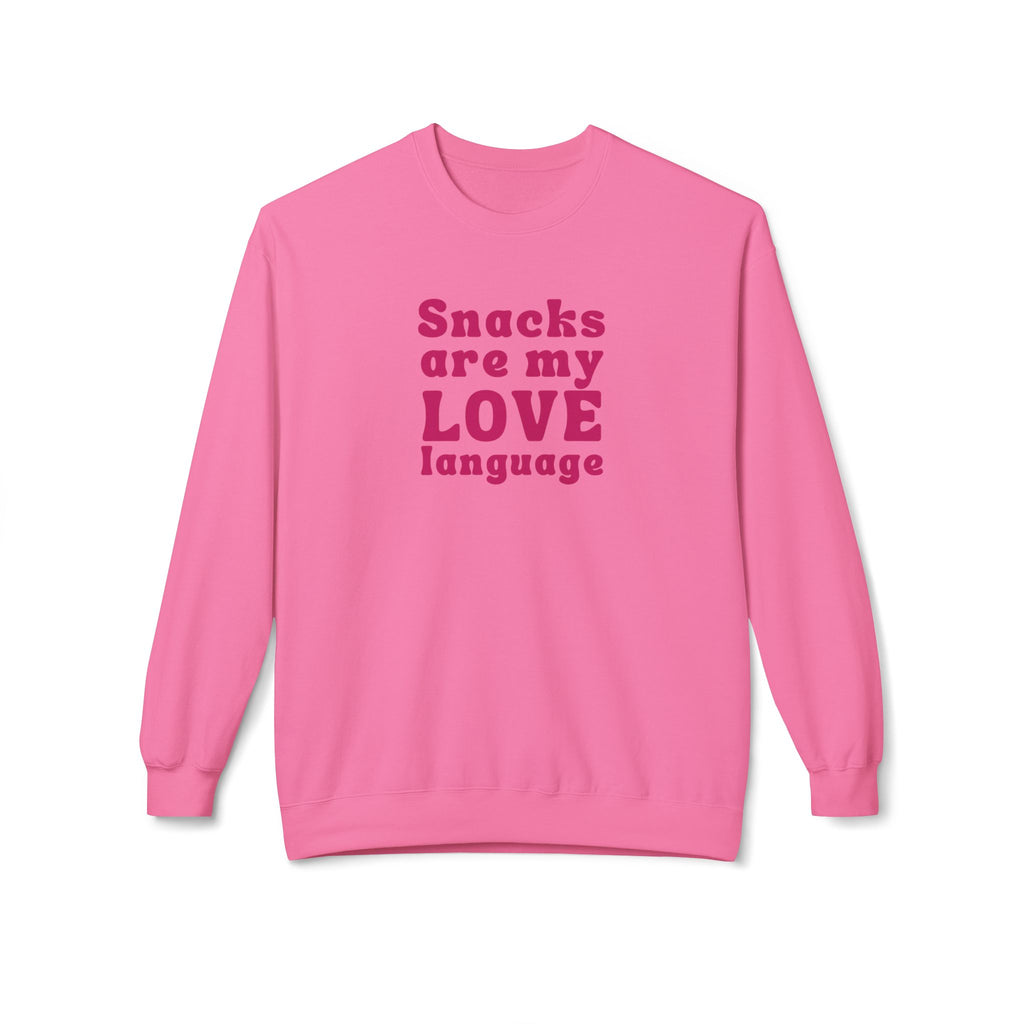 Womens Valentines Day sweatshirt that says Snacks are my love language