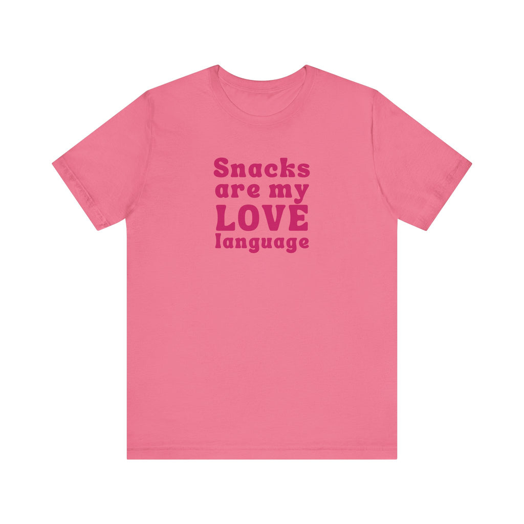 Cute Womens Valentines Day tshirt that says Snacks are my love language.